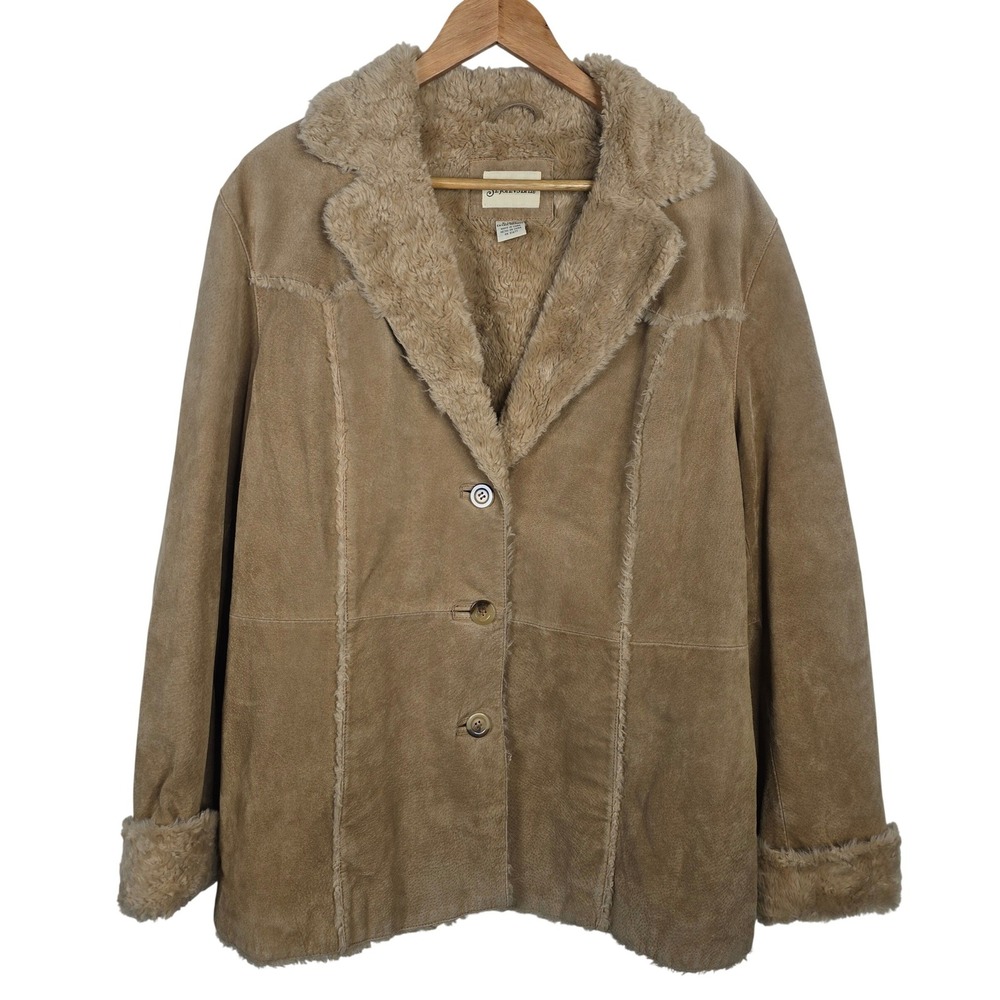 St Johns Bay Womens XL Tan Genuine Leather Suede Faux Fur Sherpa Penny Lane Coat